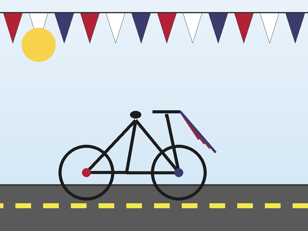 Illustration of a bicycle with red, white, and blue streamers under patriotic bunting