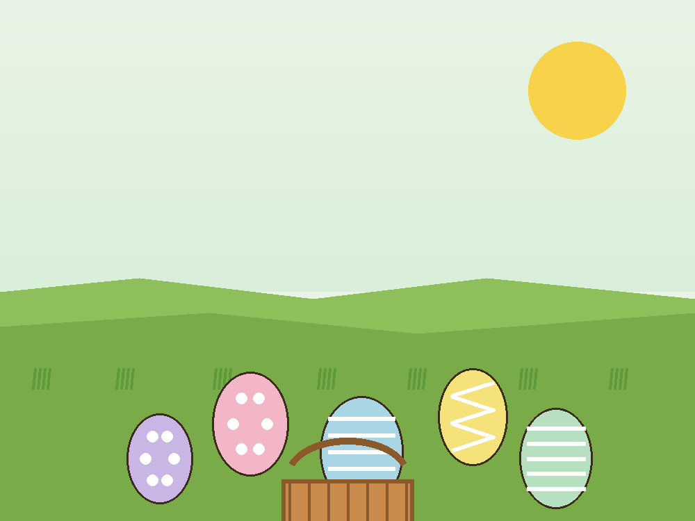 Illustration of pastel Easter eggs on a spring lawn with a basket